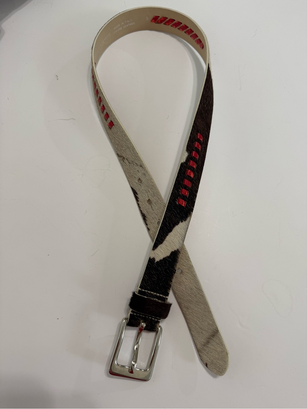 Bloomingdale's Black & White Haircalf Belt with Red Accent Stitching